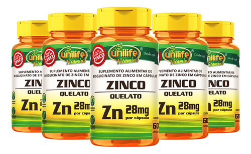 Kit 5 Zinco Quelato 60 Cápsulas Unilife