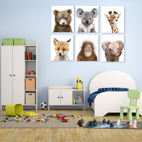 Set Baby Animal 6 Piezas Con Marco Cuadro Canvas Decorativo
