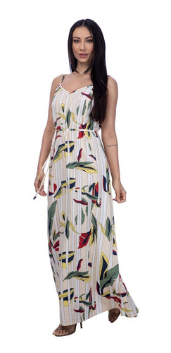 Imagem 3 de 6 de Vestido Longo Estampa Floral Fundo Azul Bege Fashion
