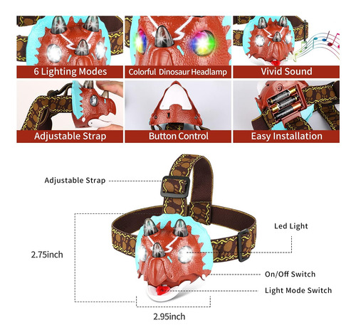 Linterna Frontal Led, Linterna De Dinosaurio De Con Diademas