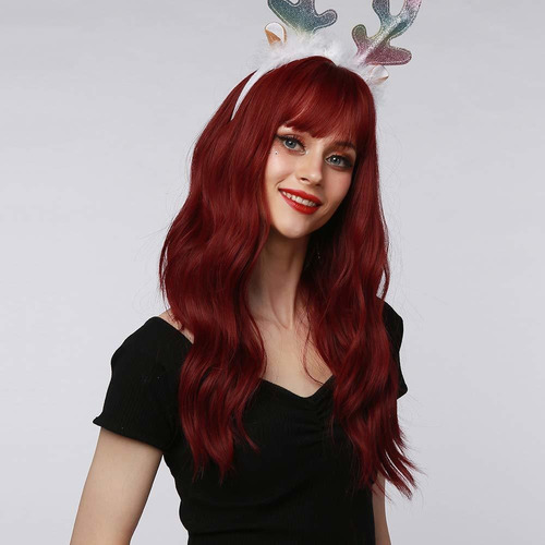 Peluca Rojo Vino Con Flequillo Para Mujer Pelucas Onda Larga