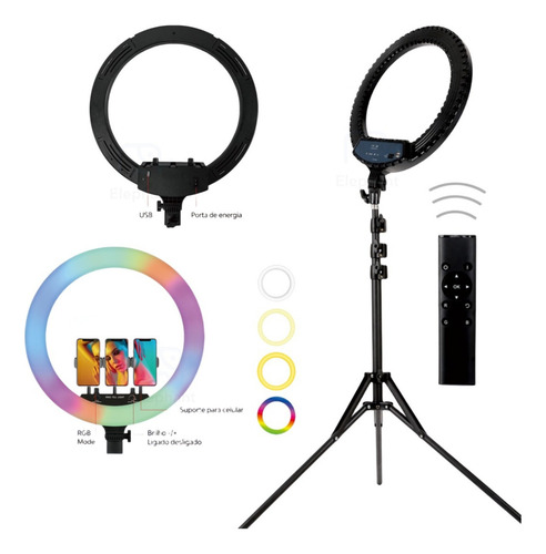 Ring Light Iluminador Rgb Led 46cm Tripé 2m Com 3 Suportes