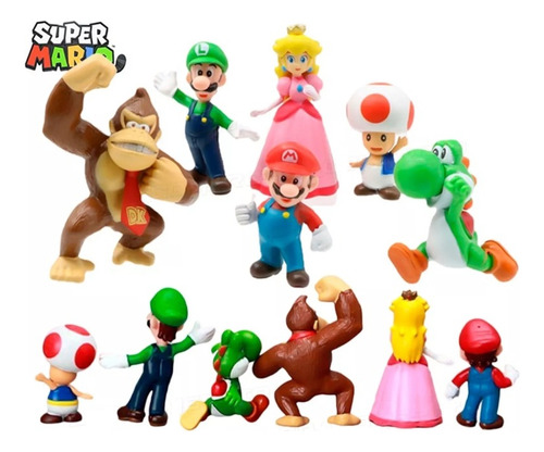 Kit 6 Action Figure + Luminária Mario Bros Luigi Yoshi