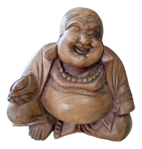 Buda Sonriente Artesanal Madera Tallada 20cm Pequeño