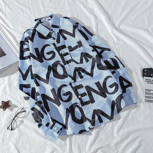 Azul - Camisa Estampada De Manga Larga A Rayas De Moda Para