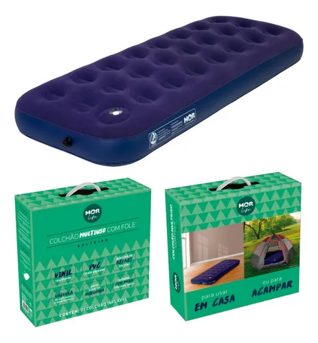 comprar Colchao Inflavel Solteiro Mor + Inflador Embutido + Reparo Cor Azul