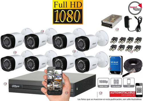 Kit Seguridad Full Hd Dahua Dvr 8+8 Camaras 2mp 1080p + 1tb