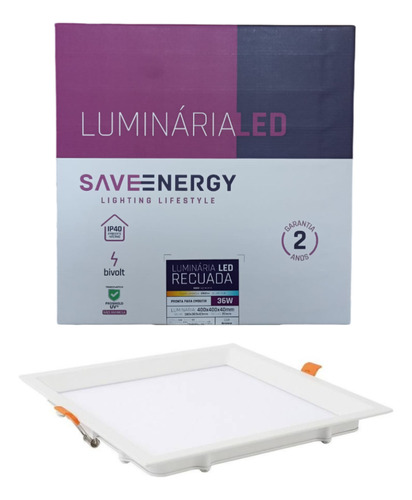 Painel Led 36w Embutir 40x40 Recuado Save Energy Neutro 4k