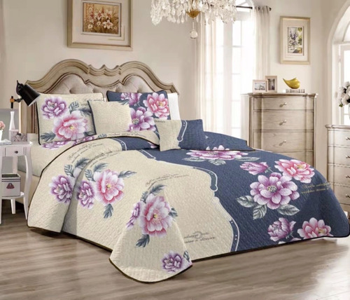 Cubrecama Verano Delgado Quilt 2 Plazas Negro Con Flores