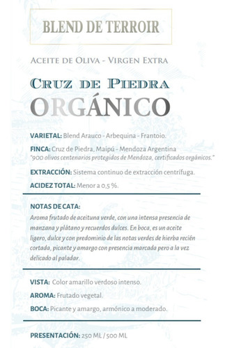 Aceite De Oliva Organico Extra Virgen Cruz De Piedra-500cc