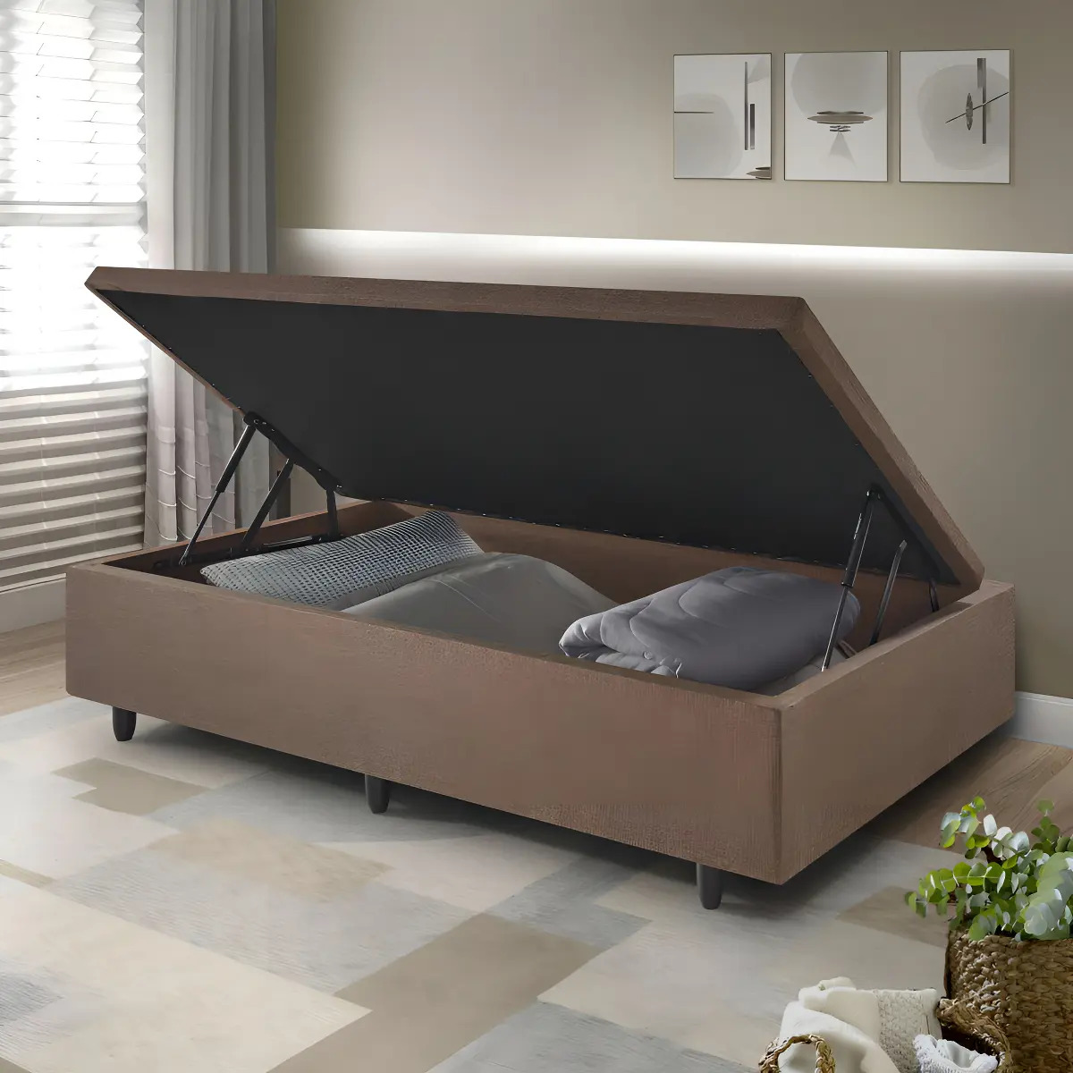 Base Box Baú Solteiro 88x188x34 Cm Linho Marrom