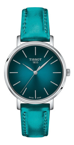 Reloj de pulsera Tissot Everytime T143.210.17.091.00, analógico, para mujer, con correa de cuero color turquesa, bisel color plateado y hebilla simple