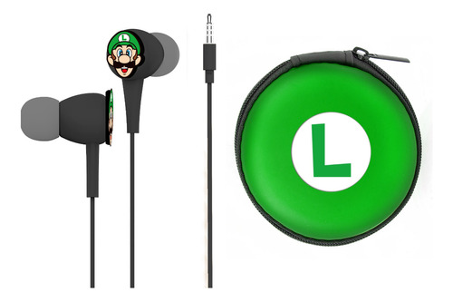 Audífonos In-ear  Alámbricos Super Mario - Luigi Con Estuche Otl Universal Negro