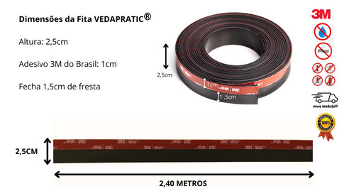 Veda Porta e Portão 2,5 Cm Altura com Borracha Preta e Adesivo 3M do Brasil 2,4 Metros