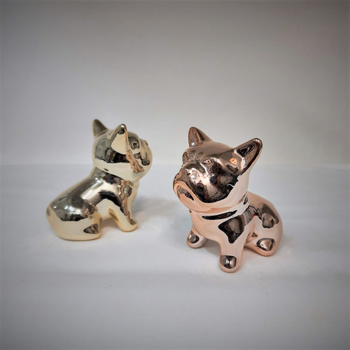 Estátua Cachorro Escultura Porcelana Metalizada Kit Com 2