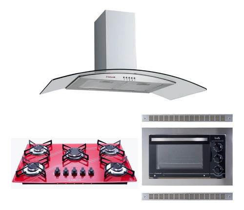 Kit Coifa 90 Cm + Forno Embutir Inox + Cooktop 5b Vermelho