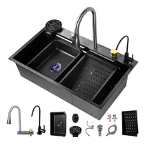Comprar Fregadero De Cocina 68 * 45 * 21cm, Martlanca Marca Fregadero De Cascada, Fregadero De Lluvia Volador Con Arandela De Copa Y 3 En 1 Grifo Extraíble En Cascada, 304 Acero Inoxidable, Negro.
