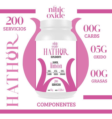 Óxido Nítrico Pre Entreno Hathor 1kg 200 Servicios Sabores Limón