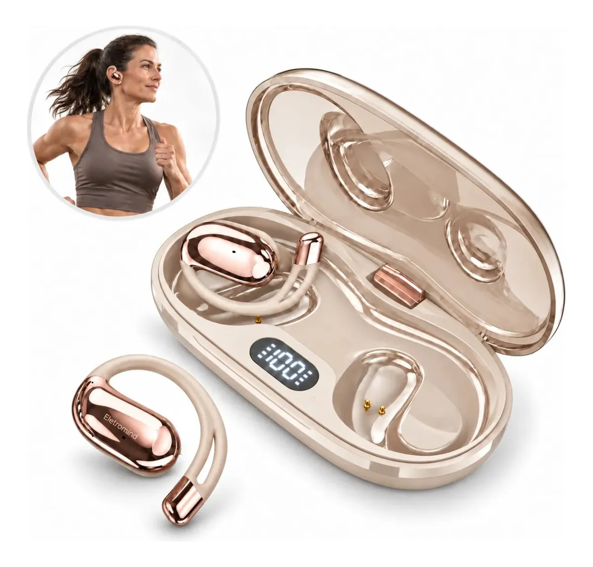 Fone De Ouvido Bluetooth 5.3 Sem Fio Tws Open Ear Esportivo Display Digital Com Gancho Case Carregadora Compatível iPhone Samsung Xiaomi Android Para Corrida Academia Com Microfone Eletromind