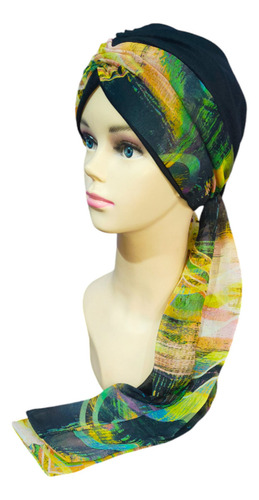 Turbante Gorro Para Mujer C/banda Oncológico Quimio. Algodon Color Negro Multi Amarillo