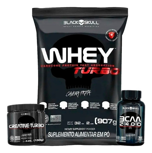 Combo Whey Protein Turbo + Bcaa + Creatina - Black Skull Sabor Baunilha