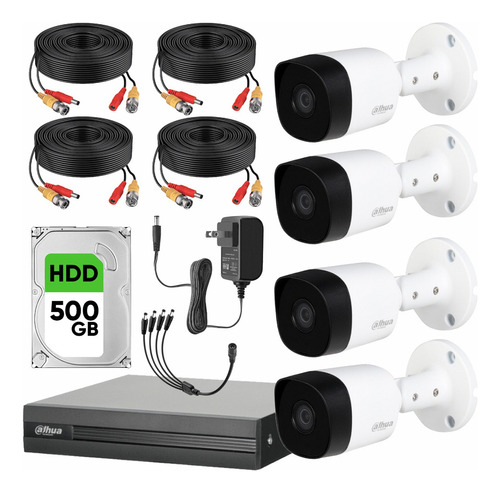 Dahua Kit CCTV 4 Cámaras Metálicas 5 MP y Accesorios + Disco Duro de 500 GB y Video Vigilancia con Detección de Movimento de Alta Resolución