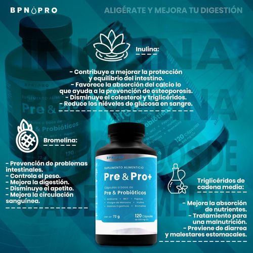 Probióticos, prebióticos, enzimas digestivas, inulina, mct, sabor a óleo, 120 cápsulas