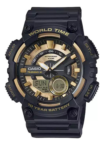 Reloj Casio World Time Black & Gold Original Color De La Correa Negro Color Del Bisel Negro Color Del Fondo Dorado