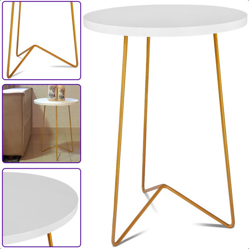 Mesa De Canto Lateral Apoio Sofá Redonda Sala Athenas Alta Cor Dourada Branca