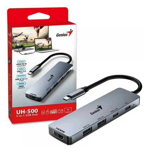 Hub Genius Uh-500 5 En 1 Usb Tipo C Hdmi Usb 3.0 Usb C Pcreg Color Gris Oscuro