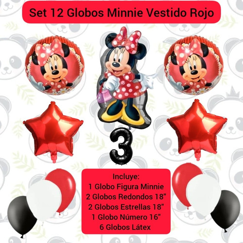 Set 12 Globos Decoración Cumpleaños Minnie Vestido Rojo 