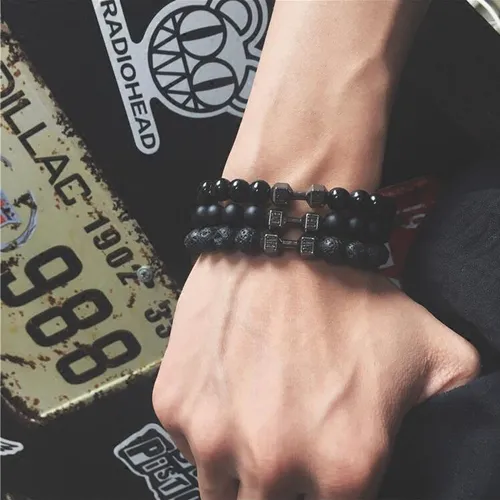 Collar Con Dije Disco Pesas Y Pulsera Mancuerna Acero Inoxidable Gym Fit Negro