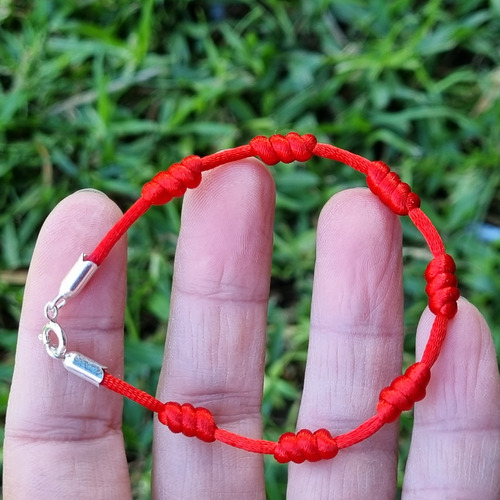 Pulsera Plata 7 Nudos Hilo Seda Rojo Suerte Proteccion