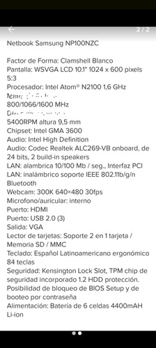 Netbook Samsung Np100 Blanco (Usado)