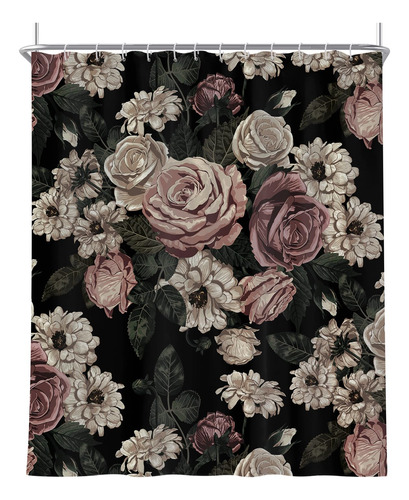 Cortina Ducha Floral Negra Para Baño Juego Rosa Oscura 60 X