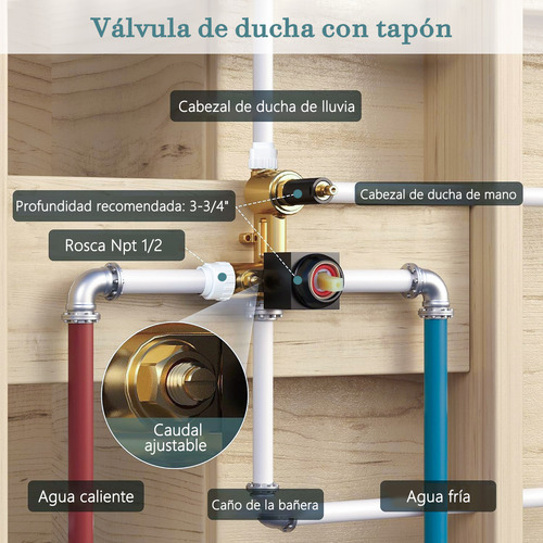 Sistema de Ducha Mumian 226BK Regadera Cuadrada Mate Tipo Lluvia Cabezal de Mano Alta Presión Color Negro