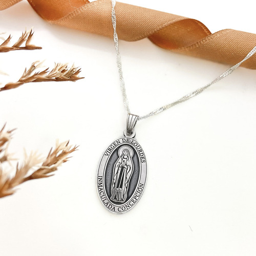 Cadena Y Dije Virgen Lourdes Inmaculada Concepción Plata 925 Plata 925 55 Cm