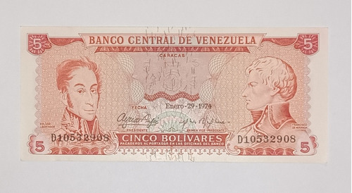 Billete De Venezuela 5 Bs Enero 29 1974 - Sin Circular - D8