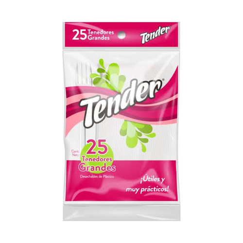 Tenedor Plástico Tender Grande 25 Piezas, Caja 80 Paquetitos