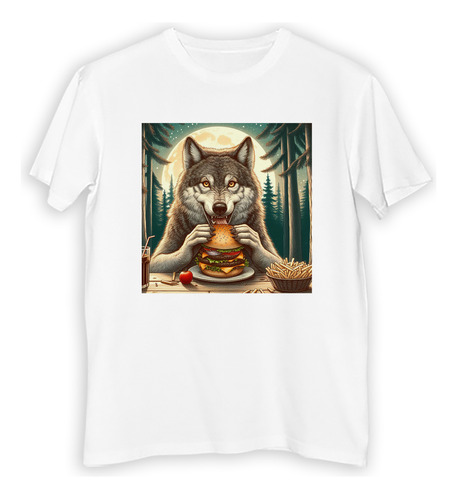 Remera Niño Lobo Comiendo Hamburguesa Comida Rapida