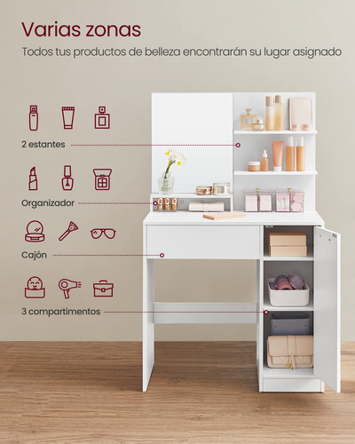Tocador Mesa De Maquillaje Con Espejo Grande Y Cajón Blanco