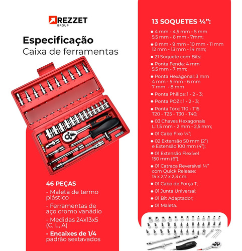 Quicko Kit 46 Peças Chave Estruturada Vermelha 1/4