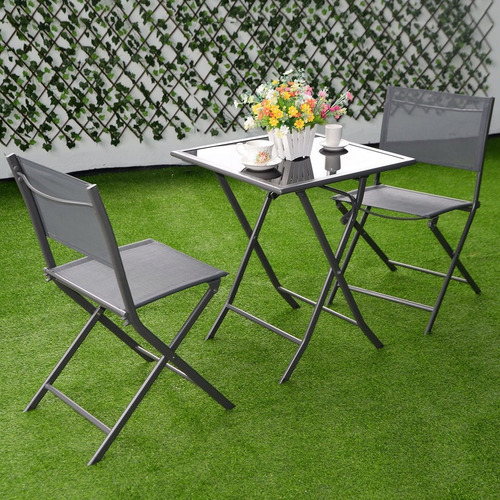 Set Patio & Jardín 3 Pz Sillas Y Mesa Pegables Gris Goplus