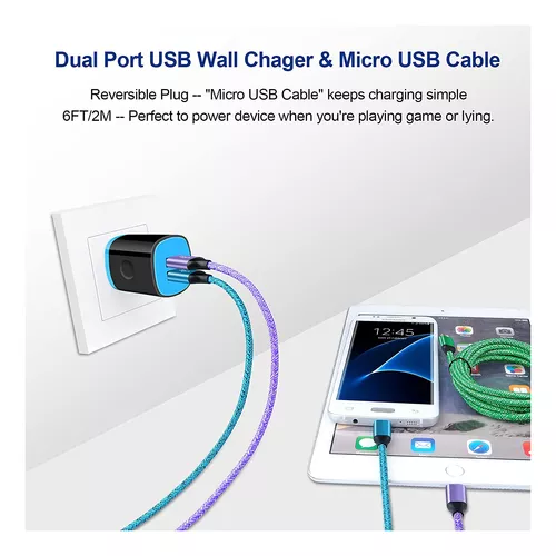 Bloque de carga USB, enchufe de cargador+cable micro USB de 6 pies,  cargador rápido Android compatible con Samsung Galaxy S7 S6 Edge J8 J6 J5  J4 J3 J2