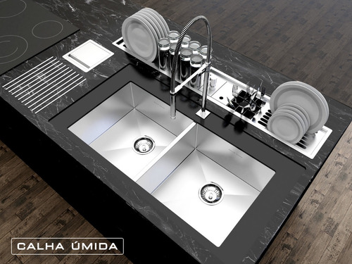 Imagem 4 de 7 de Cuba Dupla Inox Quadrada Pia C/ Válvula 80x40 Embutir