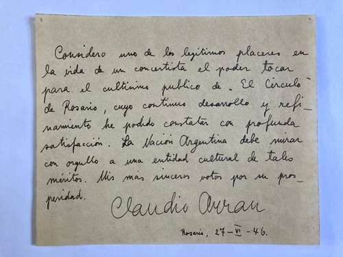 Claudio Arrau. 9 Lineas Manuscritas Y Firma. 1946