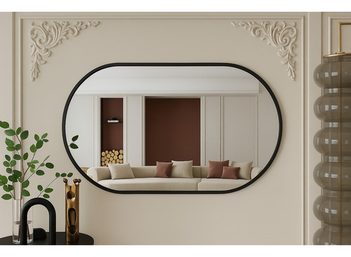 Espelho Oval Com Moldura Em Couro 50x80 Preto E Caramelo