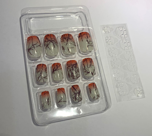 Unha Postiça Decorada Nail Style Kit C/ 2 Cor Rosa E Laranja Listras
