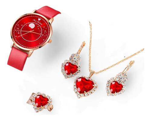Set Reloj De Pulsera Aretes Collar Anillo Rojo Accesorios