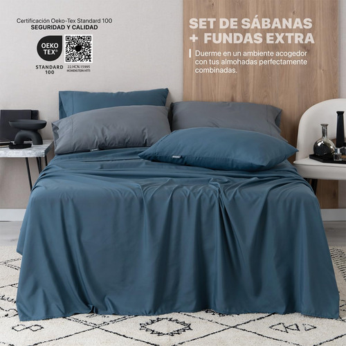 Juego De Sábanas Microfibra Fundas Almohada Azul Marino Gris